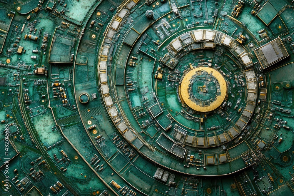 Poster A mesmerizing circular arrangement of teal-colored circuit boards, resembling a complex technological mandala.