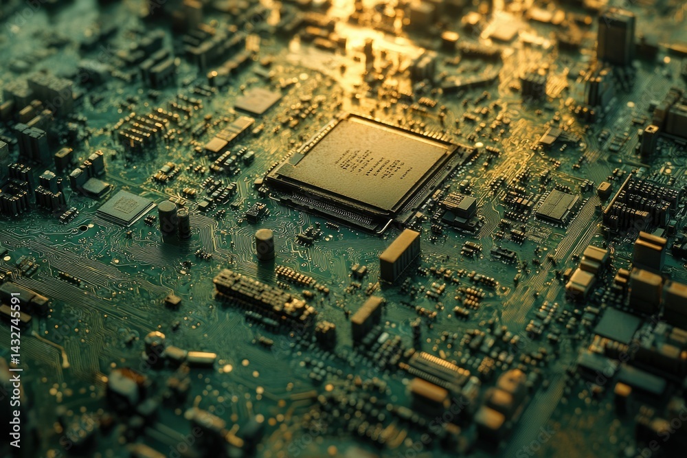 Fototapete Close-up view of a circuit board with a central processor, showcasing intricate electronic components.