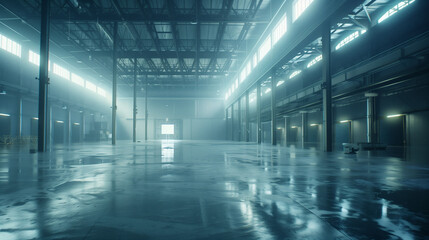 Industrial warehouse with concrete floors and steel beams, showcasing raw urban aesthetics and depth.