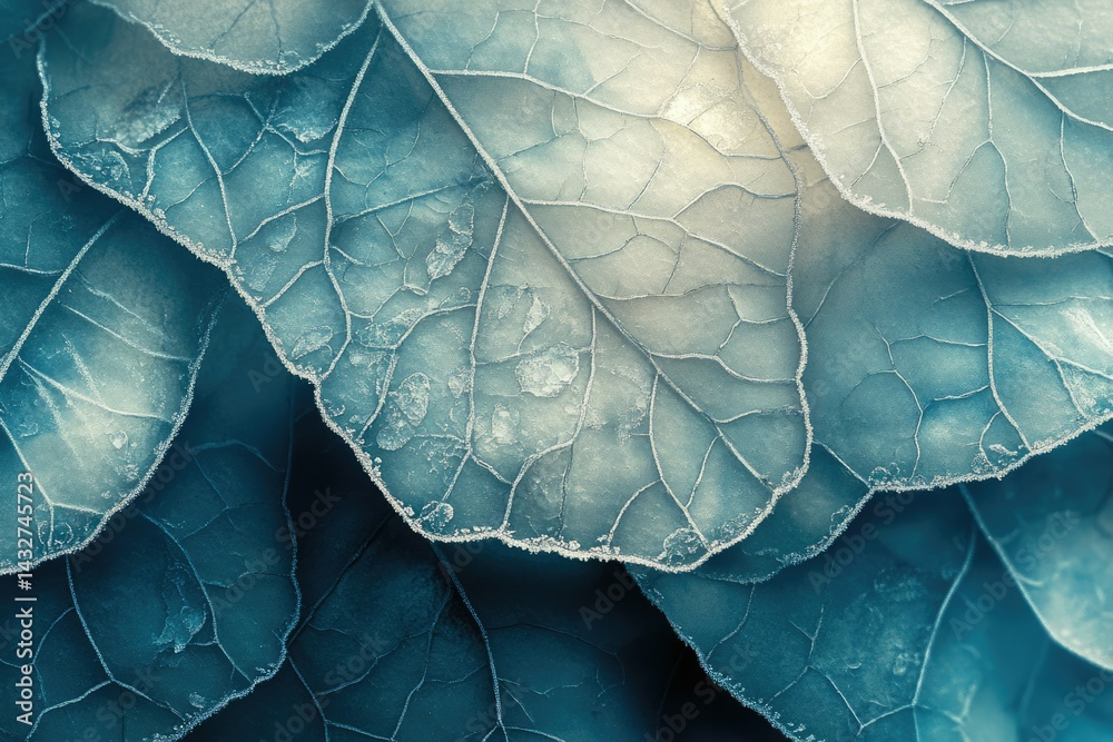 Poster close-up of frost-covered leaves, showcasing intricate vein patterns and icy texture.