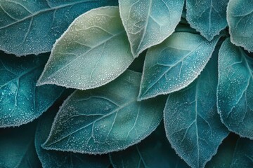 Obraz premium Close-up of teal leaves covered in morning dew, showcasing intricate details and textures.