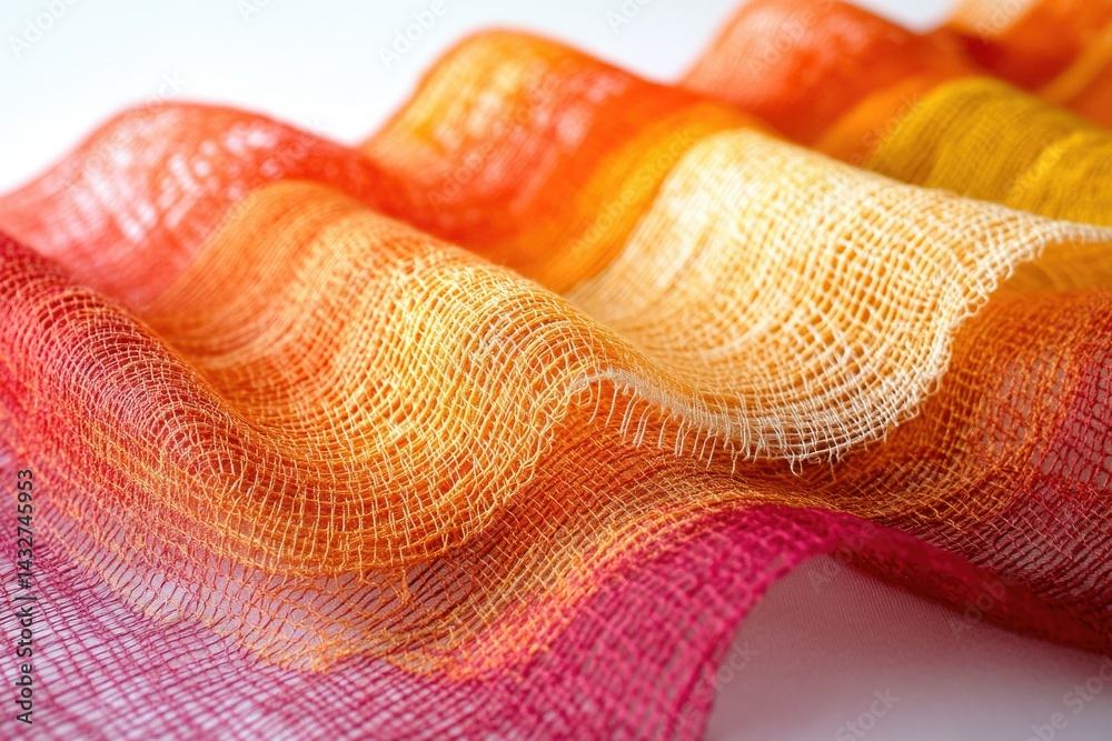 Poster a gradient-dyed fabric, showcasing soft, warm colors from crimson to pale yellow in a wave-like patt