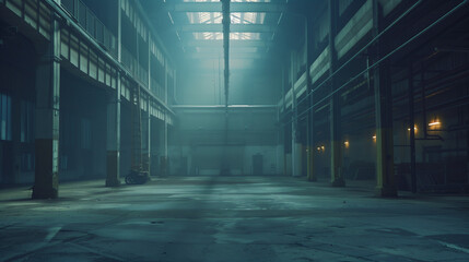 Industrial warehouse with concrete floors and steel beams, showcasing raw urban aesthetics and depth.