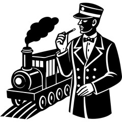 Silhouette of a train conductor with a whistle, preparing to board