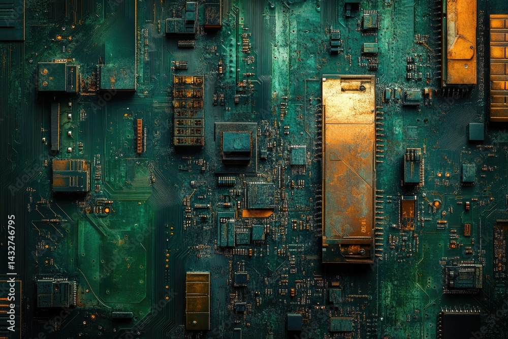 Aufkleber close-up of a weathered circuit board, showcasing intricate electronic components and aged copper tr