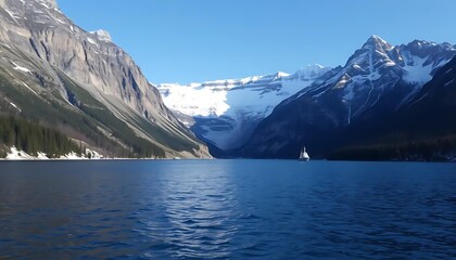 Obraz premium Scenic boat ride on a tranquil mountain lake surrounded by snow-capped peaks