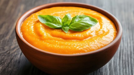 A creamy orange soup garnished with fresh basil, served in a rustic bowl, evoking warmth and comfort.