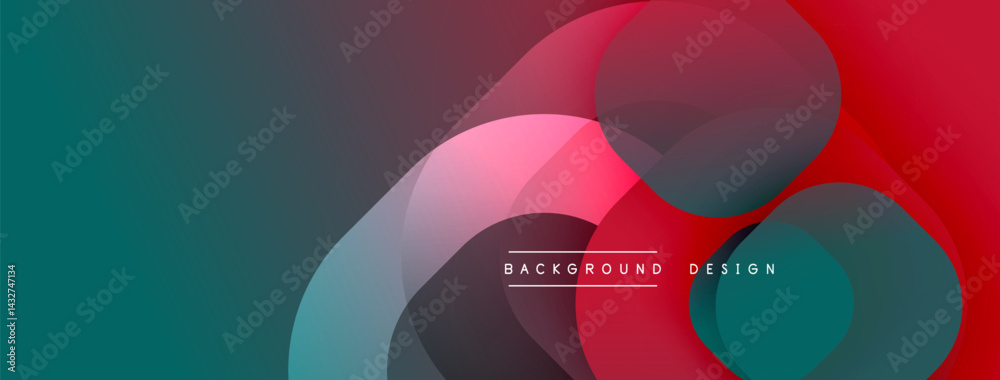 Poster Abstract overlapping circles create vibrant gradient background. Modern design features teal, red, pink hues. Minimalist aesthetic.