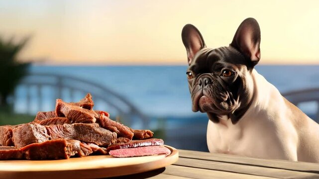 A curious dog gazes at a plate of delicious meat, enjoying a sunny outdoor setting.