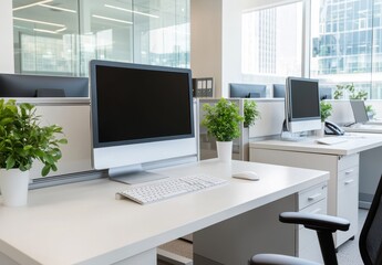 Fototapeta premium Modern Office Space with Monitors and Indoor Plants in Bright Environment