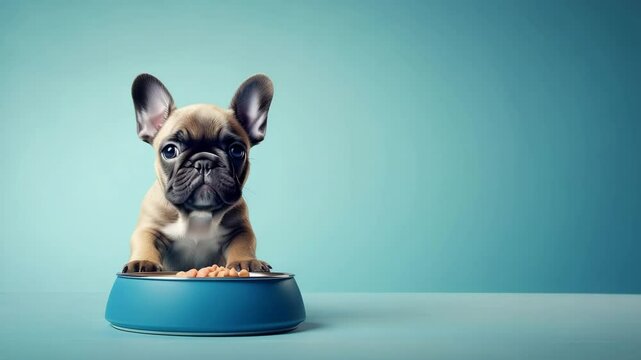 Adorable French Bulldog puppy waiting eagerly by its food bowl.