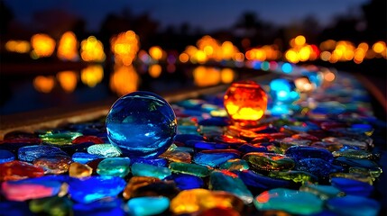 floating above illuminated grid garden with glass pebbles