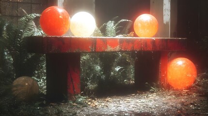 zone with hovering bench surrounded by glowing spheres