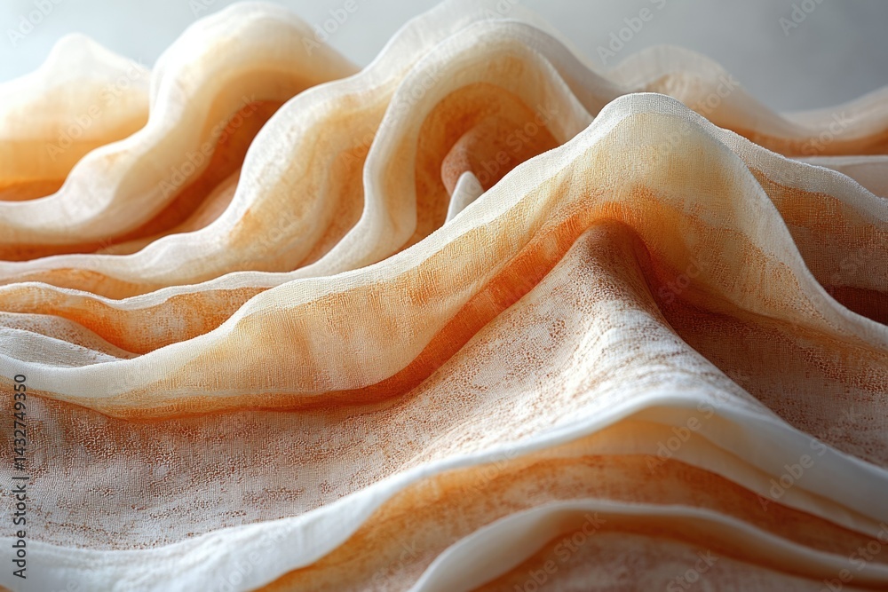 Poster Peach-colored sheer fabric draped in soft, undulating waves, creating a textured and elegant aesthetic.