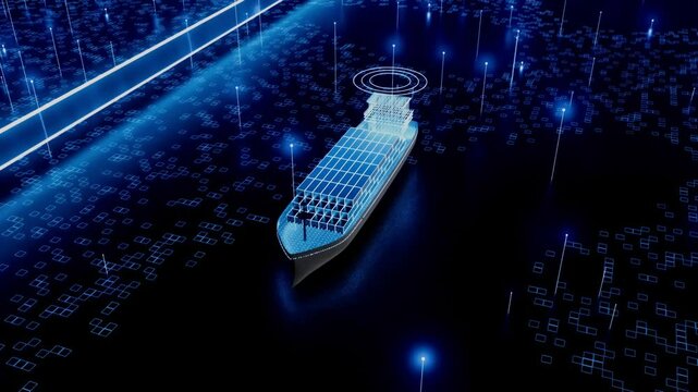 A cargo ship with shipping containers is shown in a blue and white color scheme.