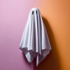 A ghostly figure is hanging from a white sheet. The ghostly figure is looking at the camera. The image has a spooky and eerie mood