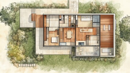 Top-down watercolor architectural house plan, modern design with yard. Use for real estate promotion, or interior design presentations.
