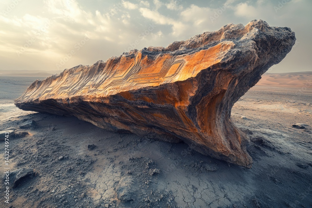 Aufkleber a large, weathered rock formation in a desert landscape, showing intricate textures and patterns und