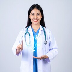 Fototapeta premium Asian Female Doctor Presenting Futuristic Medical Technology - Innovation in Digital Healthcare
