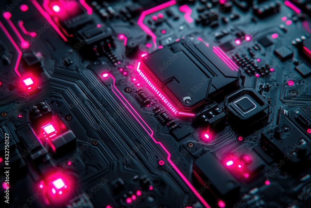 Poster close-up of a futuristic circuit board with glowing pink lines, showcasing intricate technological d