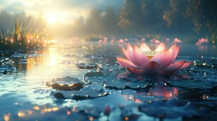 Serene Sunrise: A Lotus Blossom's Gentle Awakening on a Misty Pond