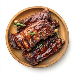 Overhead View Of Glazed Barbecue Ribs On Rustic Plate
