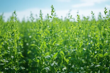 Fototapeta premium Lush green field of thriving plants under a bright sunny sky.