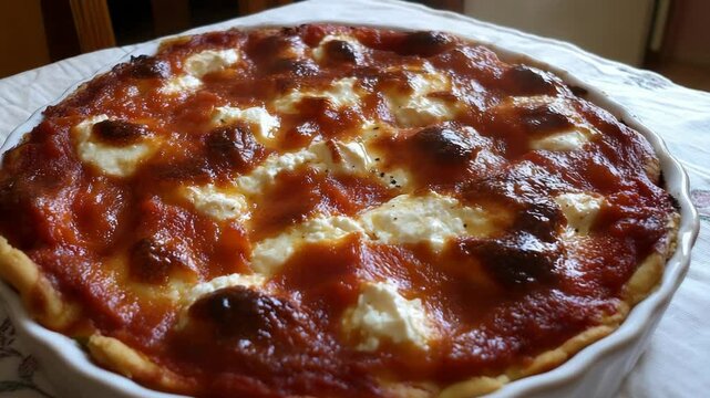 Baked tomato and ricotta tart in a white dish served on a floral patterned table cloth, close-up view of traditional savory pie