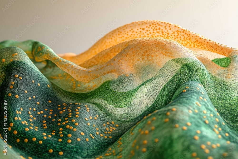 Poster close-up of draped fabric showcasing a blend of green and orange hues with gold detailing, creating 