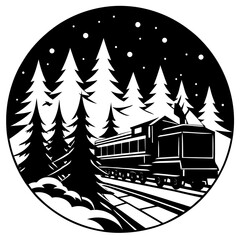 Silhouette of a train passing through a snow-covered forest