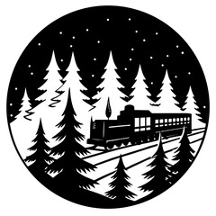 Silhouette of a train passing through a snow-covered forest