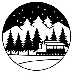 Silhouette of a train passing through a snow-covered forest