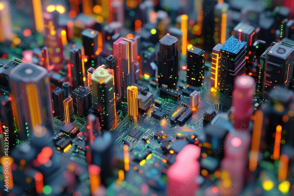 Aufkleber a vibrant cityscape meticulously crafted on a circuit board, showcasing a fusion of urban architectu
