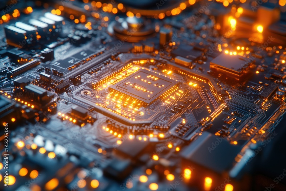 Poster Close-up of a circuit board showcasing a central processing unit with illuminated circuitry.