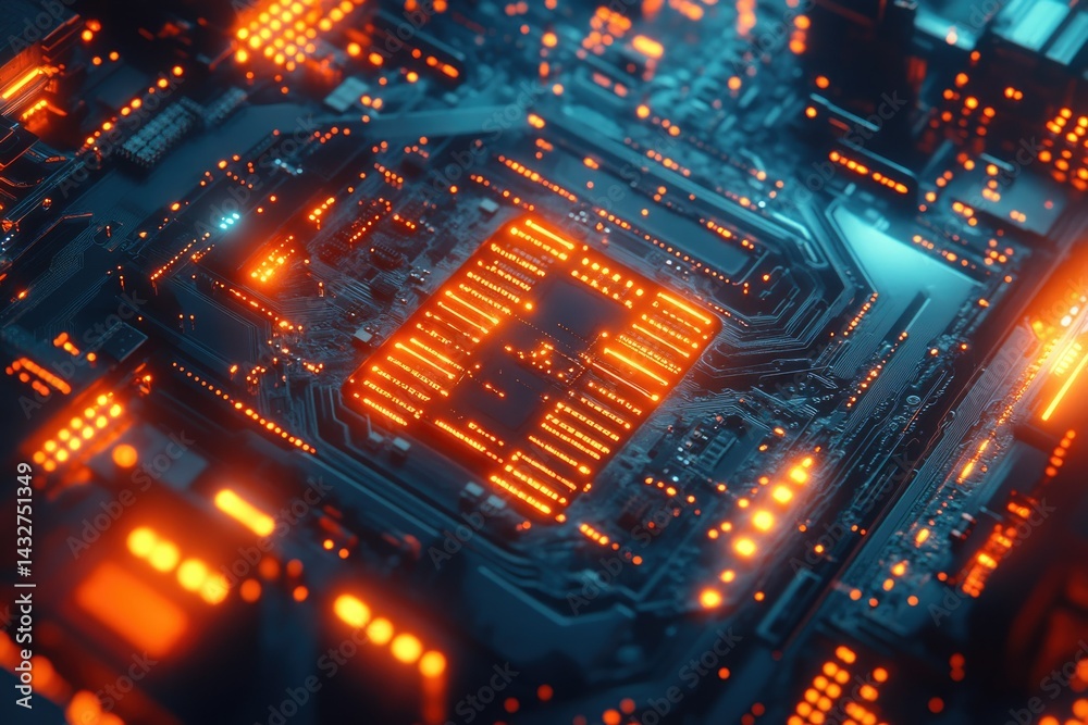 Aufkleber close-up view of a glowing circuit board, showcasing intricate technological details and vibrant ora