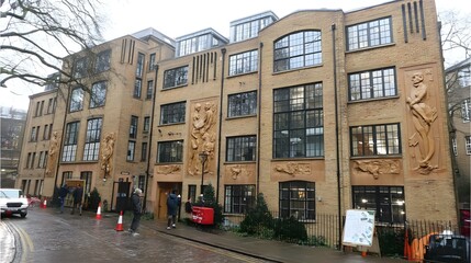 office with velvet drapes gold details and geometric wallpaper
