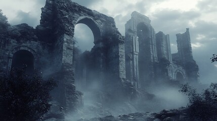 Misty Ruins: A Gothic Stone Structure in a Dreamlike Setting
