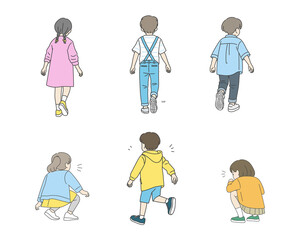 後ろ姿の子供たちのイラストセット