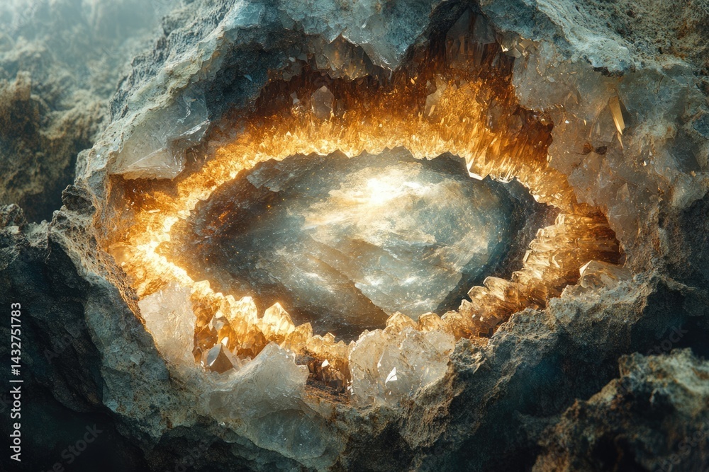 Poster luminous geode reveals inner glow, showcasing crystalline structures and vibrant colors in a captiva