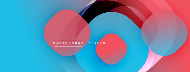 Abstract shapes overlap, creating vibrant blue, red gradients. Modern design elements suggest dynamic composition, smooth transitions.