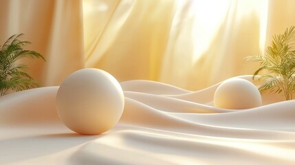 Serene Minimalist Scene: Two White Spheres Resting on a Soft, Cream-Colored Fabric, Illuminated by Warm Sunlight Streaming Through Sheer Curtains, Flanked by Lush Palm Fronds.