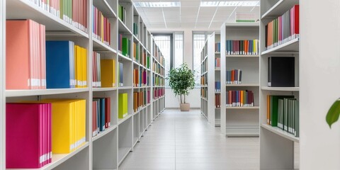 Fototapeta premium Modern Library Interior with Colorful Book Shelves and Green Plant