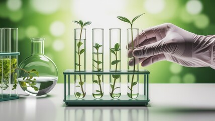 Green sprouts in test tubes, a scientific experiment.