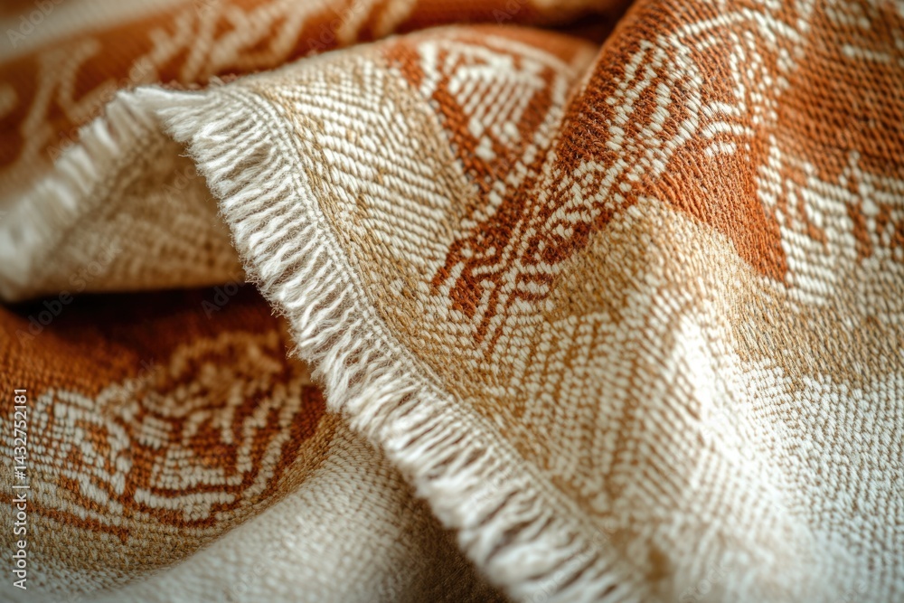 Aufkleber close-up of a textured beige and rust-colored woven textile with a fringed edge.