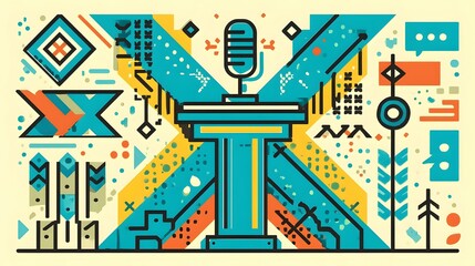 podium with retro microphone geometric panels and symmetrical layout