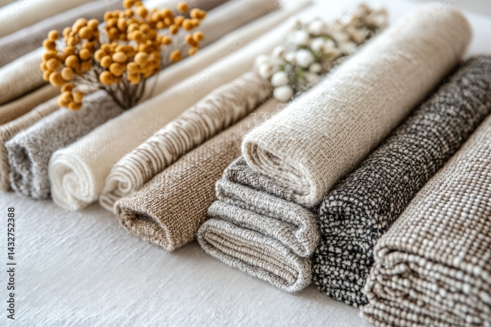 Poster a collection of various neutral-toned textile rolls, neatly arranged, showcasing different textures 