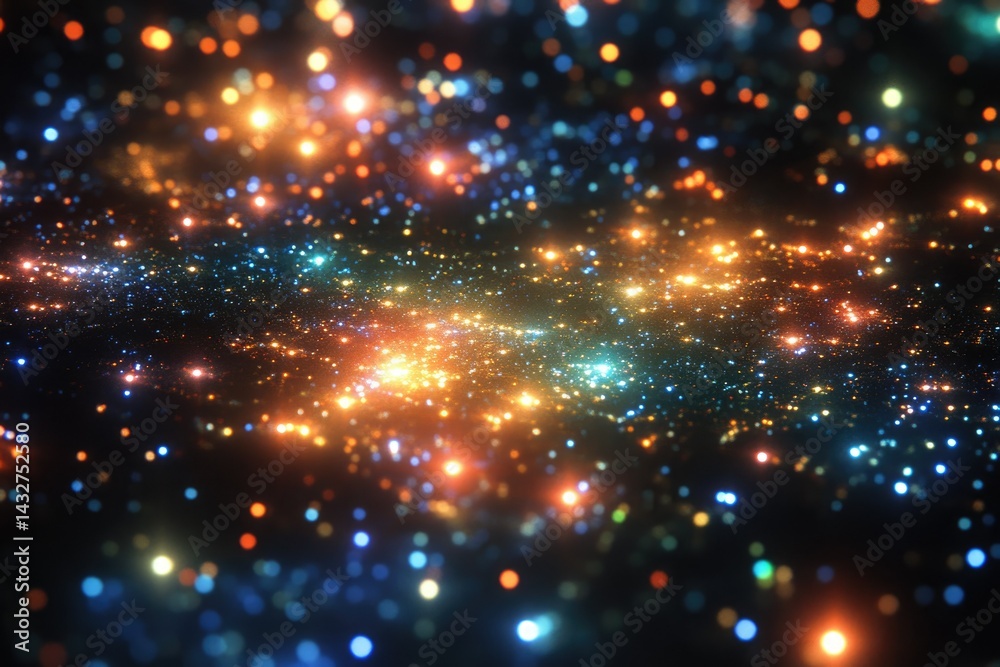 Poster a mesmerizing cosmic scene with vibrant, glowing particles and a bokeh effect, suggesting a galaxy o