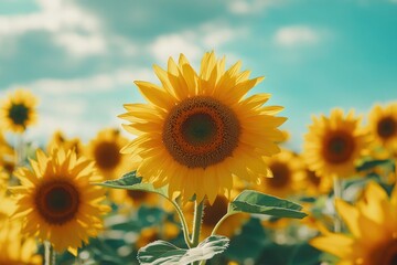 A vibrant sunflower in full bloom, surrounded by other sunflowers under a bright, partly cloudy sky.