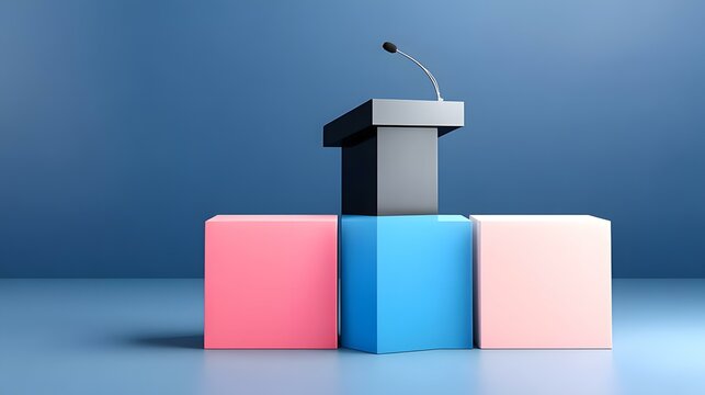 podium with retro microphone geometric panels and symmetrical layout