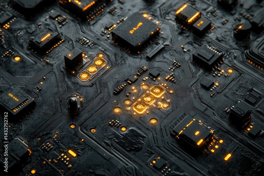 Poster close-up view of a dark, detailed circuit board with glowing components, showcasing intricate techno